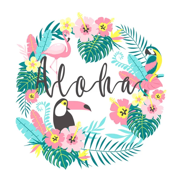 Toucan Met Flamingo Papegaaien Tropische Bloemen Palm Bladeren Hibiscus Vectorillustratie — Stockvector