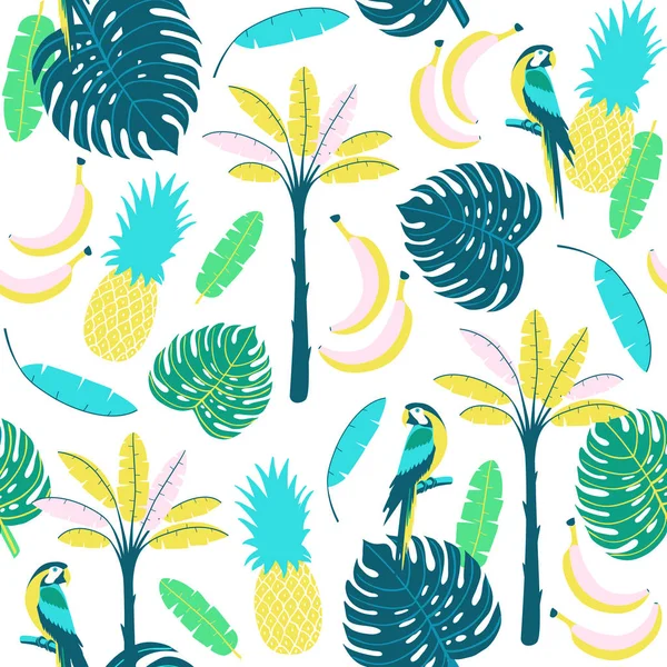 Patrón Tropical Sin Costuras Con Palma Loro Hojas Palma Ilustración — Vector de stock