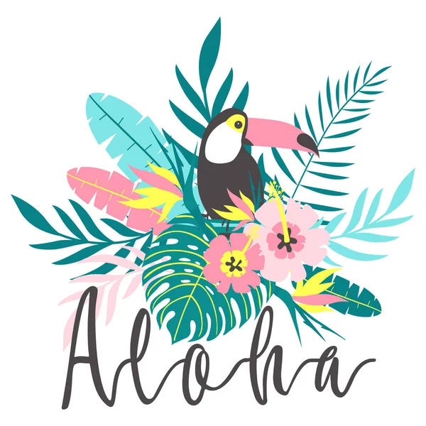 Toucan Med Tropiska Blommor Palmblad Hibiskus Vektorillustration — Stock vektor