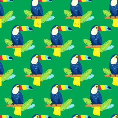 Şirin tukanlar, egzotik yaprakları ile Seamless Modeli.