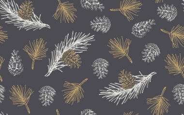 Çam kozalakları ve dallarla çizilmiş el izi. Vektör