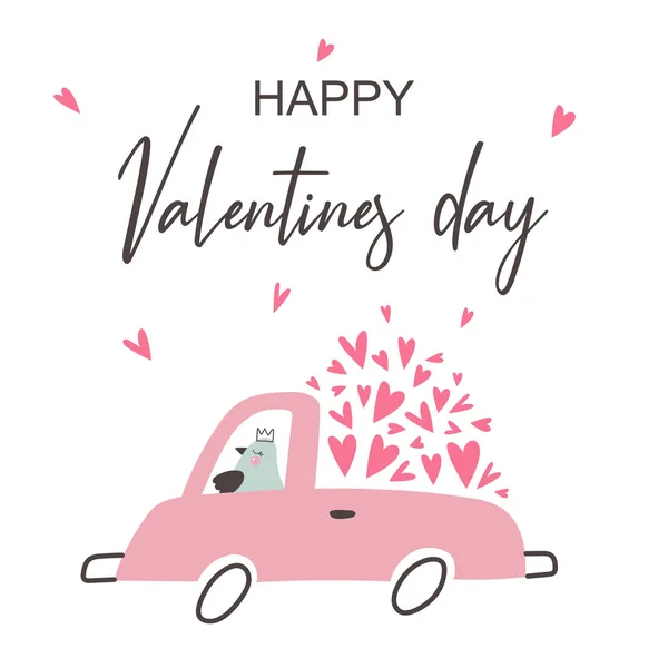 Feliz día de San Valentín tarjeta de felicitación con corazones y coche, vector — Archivo Imágenes Vectoriales