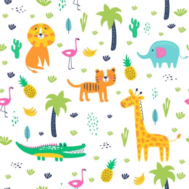 Seamless pattern wild animals in jungle. Kids vector