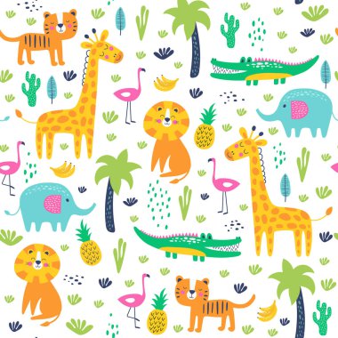 Seamless pattern wild animals in jungle. Kids vector