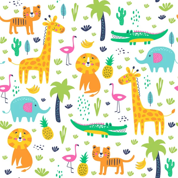 Seamless pattern wild animals in jungle. Kids vector — Wektor stockowy