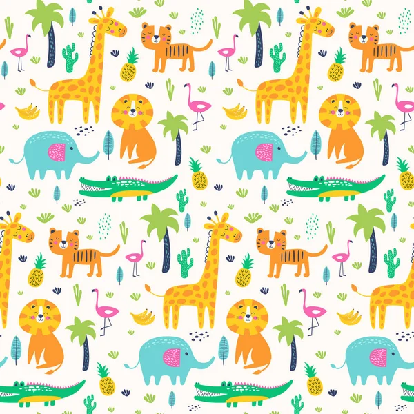 Seamless pattern wild animals in jungle. Kids vector — Wektor stockowy