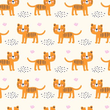 Seamless pattern with cute tiger. Kids vector