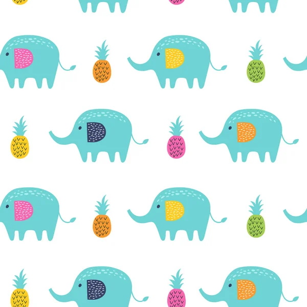 Seamless pattern with elephant and pineapple. Kids vector — Stok Vektör