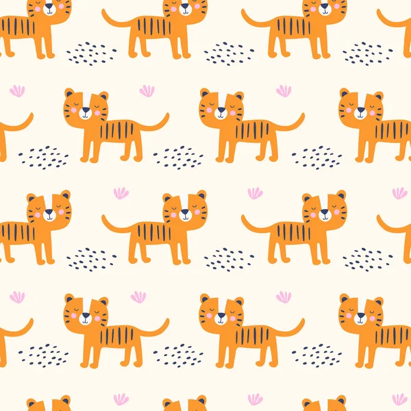 Seamless pattern with cute tiger. Kids vector — Stock vektor