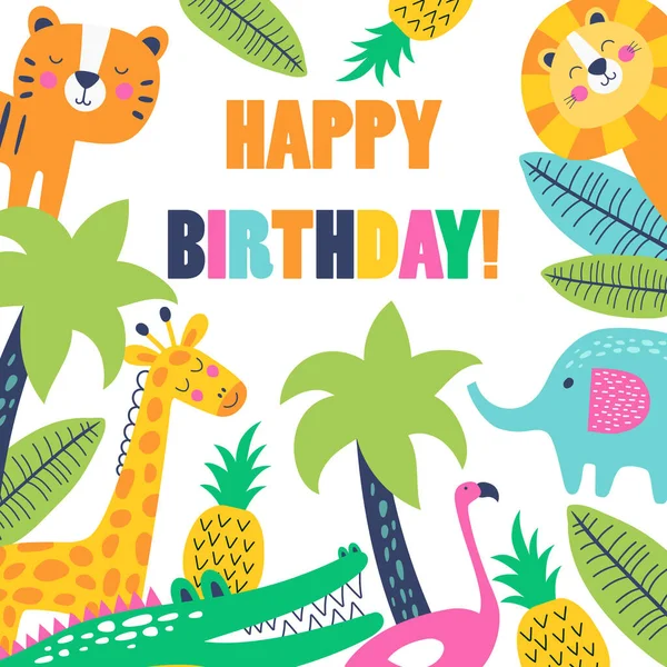 Happy birthday card with cute animals. Vector illustrations — Stock Vector