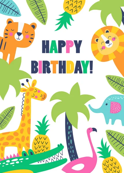 Happy birthday card with cute animals. Vector illustrations — Stock Vector