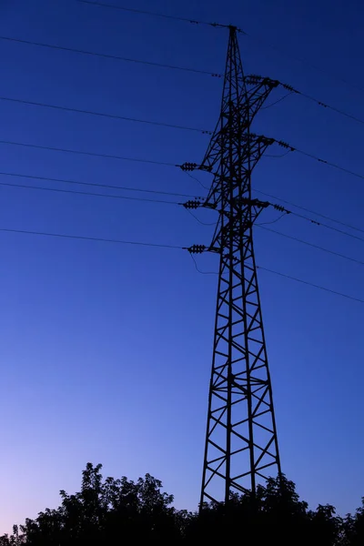 Pylon Electric Power Transmission Line Night Dark Blue Sky Background — Stock Photo, Image