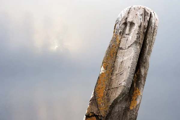 Stone Ancient Tribal Ritual Idol Totem Misty Morning Landscape Sun — Stock Photo, Image