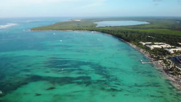 Travel vacation paradise aerial drone video of blue lagoon ocean beach. Caribbean travel drone concept. — Stock Video