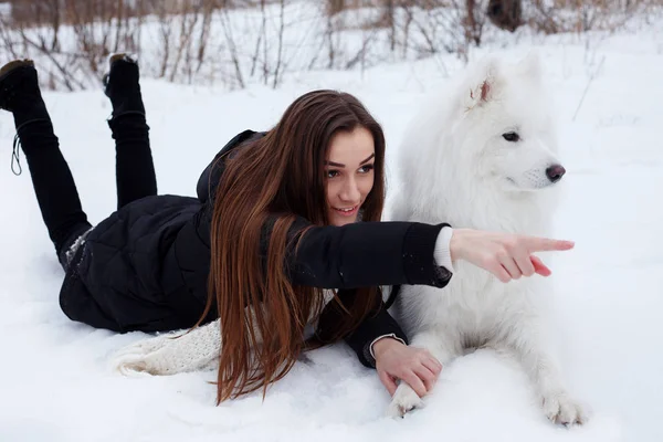 女人所有者抚摸拥抱白色萨摩耶犬在雪上 — 图库照片