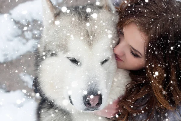 Mujer joven con perro lobo en la nieve — Foto de Stock