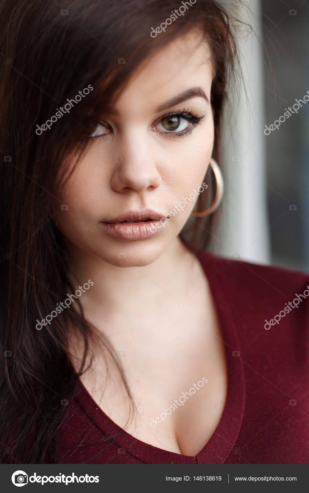 Close Up Fashion Portrait Of Seductive Sexy Woman With Big Blue Eyes
