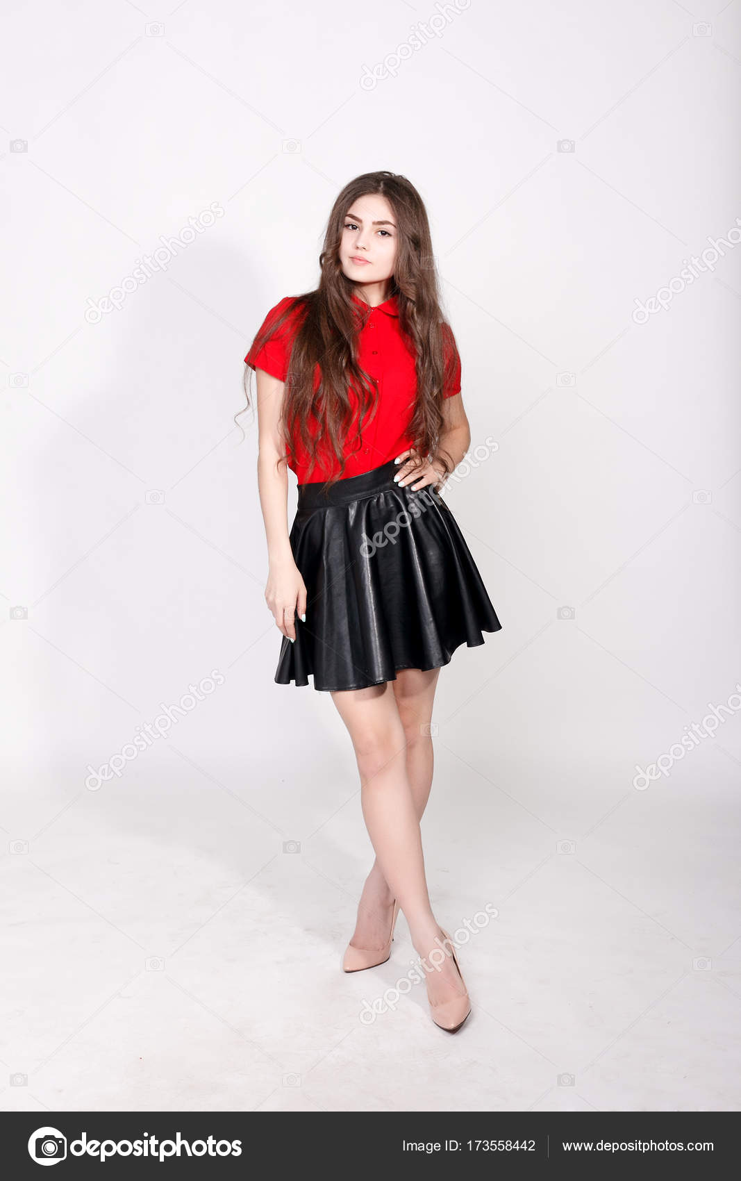 red shirt with skirt