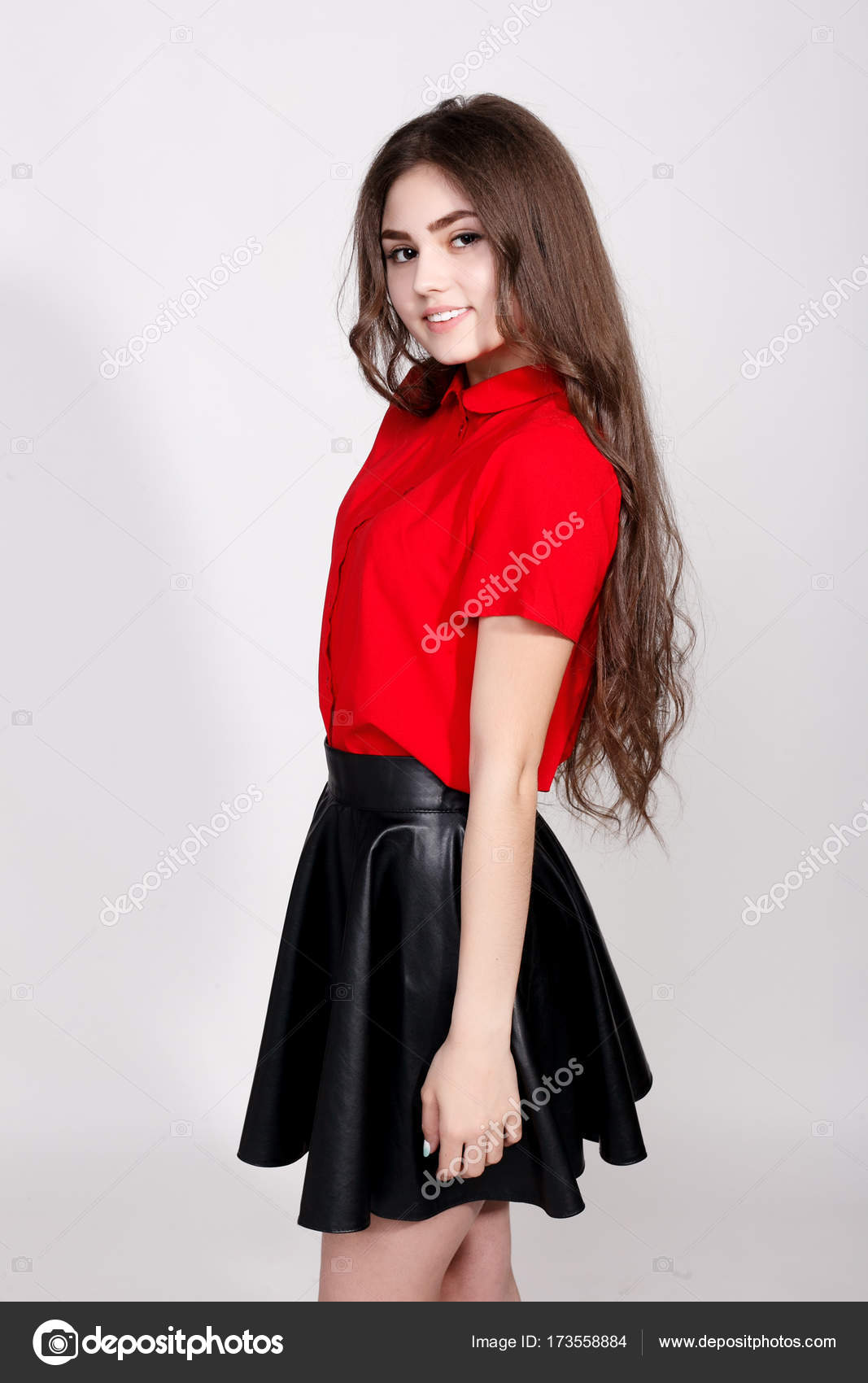 red shirt with skirt