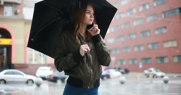 Season Weather People Concept Young Brunette Woman Stands Umbrella Hand — стоковое видео