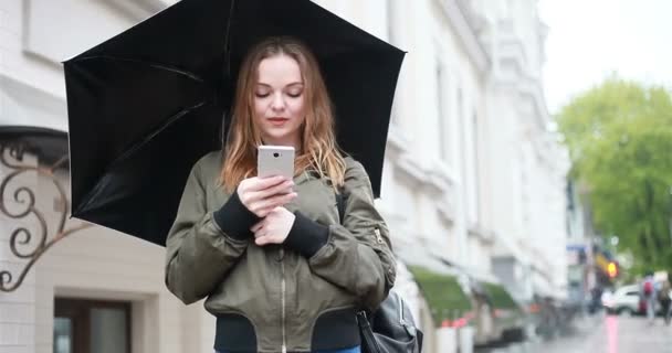 Season Weather People Concept Young Brunette Woman Stands Umbrella Hand — Stock Video