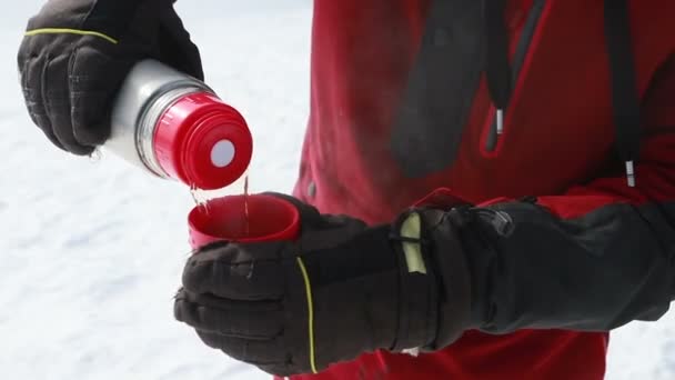 Man Young Snowboarder Winter Ski Resort Looking Camera Cheerful Smile — Stock Video