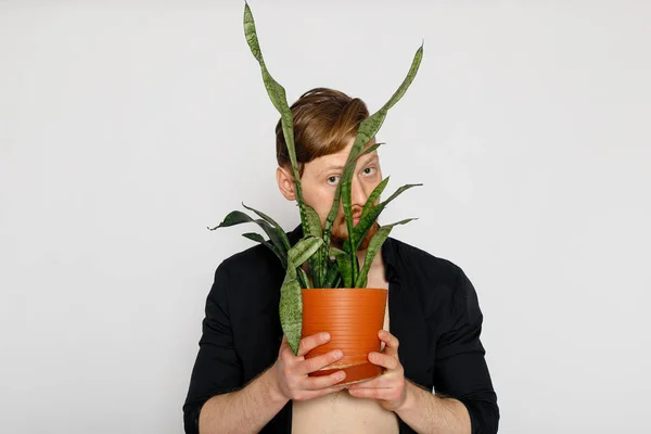 Un joven sonriente sostiene en sus manos una pequeña flor — Foto de Stock