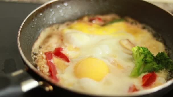 Fried Eggs Vegetables Prepared Frying Pan Top View Hot Frying — Stock Video