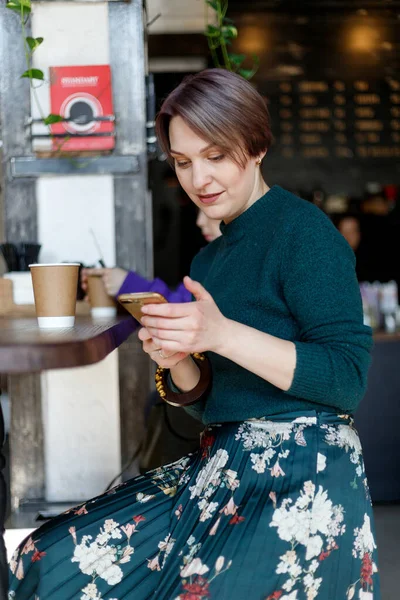 Beautiful Cute Girl Cafe Looking Camera Coffee Smiling Green Knitted — Stock Photo, Image