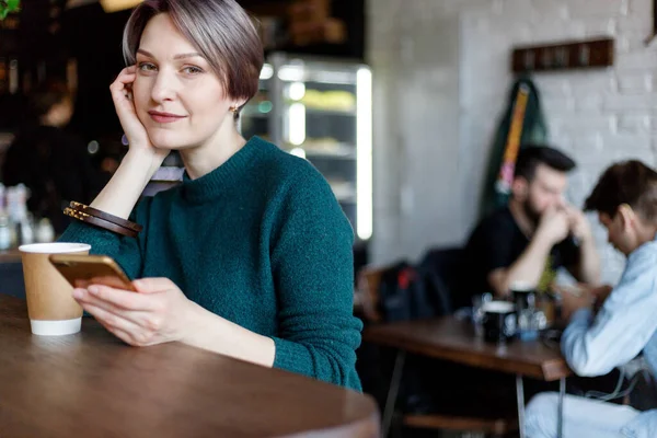 Beautiful Cute Girl Cafe Looking Camera Coffee Smiling Green Knitted — Stock Photo, Image