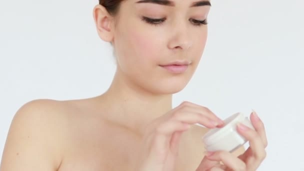 Portrait Young Woman Perfect Skin Applying Day Night Cream Her — Stock Video