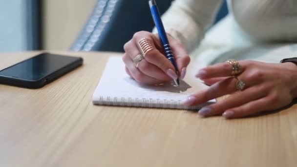 Close Van Een Vrouw Die Haar Dagboek Zit Schrijft Lang — Stockvideo