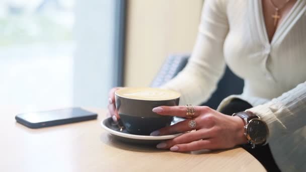 Hermosa Mujer Pensativa Tomando Café Cafetería Media Cara Retrato Beber — Vídeos de Stock