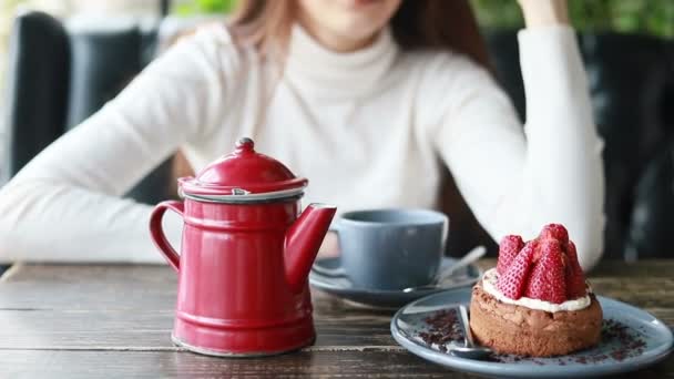 Mañana Con Los Aparatos Mujer Hermosa Cafetería Cerca Cara Agradable — Vídeos de Stock