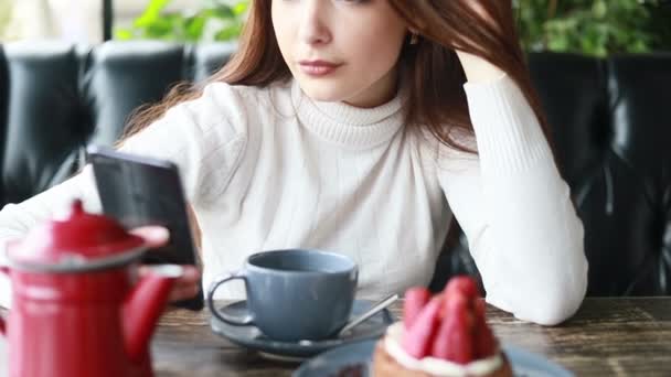 Porträtt Vackra Unga Kaukasiska Kvinna Med Telefon Kafé Och Leende — Stockvideo