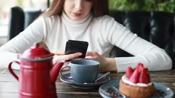 一个漂亮的年轻的高加索女人在咖啡店用电话和微笑的画像 Texitng Message Watching Video Blogg Content 靠近点 慢动作 — 图库视频影像