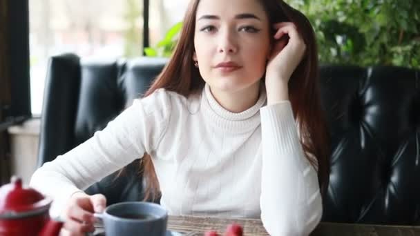 Morning Tea Gadgets Beautiful Woman Cafe Close Pleasant Face Attractive — Stock Video
