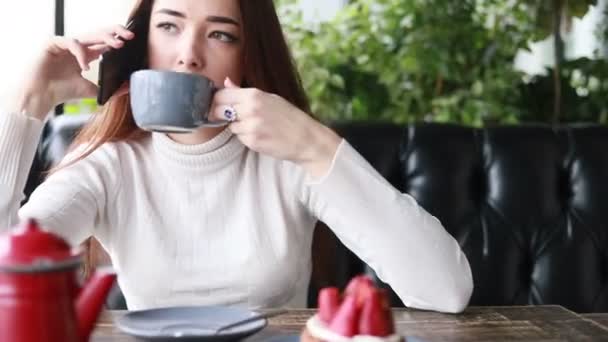 Retrato Una Mujer Caucásica Bastante Joven Usando Teléfono Cafetería Sonriendo — Vídeos de Stock