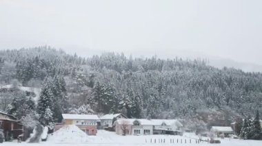 Avrupa 'nın tepesine giden bir trenin penceresinden gün boyunca karlı dağların güzel manzarası.