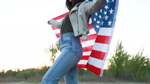 Young Woman Waves American Flag Wraps Herself Slow Motion Symbol — Stock Video