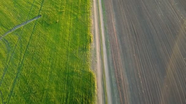 在农耕荒原上落幕 航空摄影 在春天 夏天的日落时分 沿着田野和大地的边沿飞行 拍摄乡村 绿地和犁地的黑地 — 图库视频影像