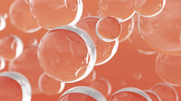 Bubble oil on water background orange color. Flying abstract glass or water blobs or drops. 3d render. Soap Bubbles Isolated