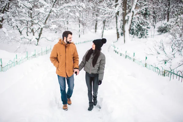 快乐的年轻夫妇在冬天。家庭户外。男人和女人看向上和笑。爱, 乐趣, 季节和人-漫步在冬天公园。站起来, 握住对方的手 — 图库照片