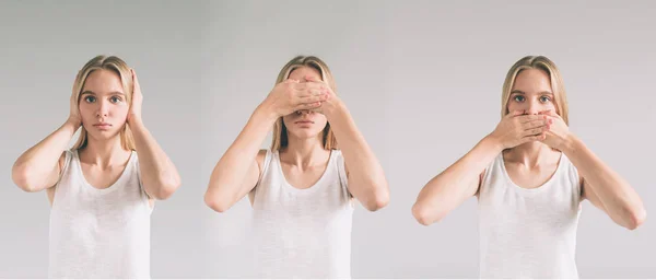 Isolated studio shot of a Caucasian woman in the See No Evil, Hear No Evil, Speak No Evil poses.