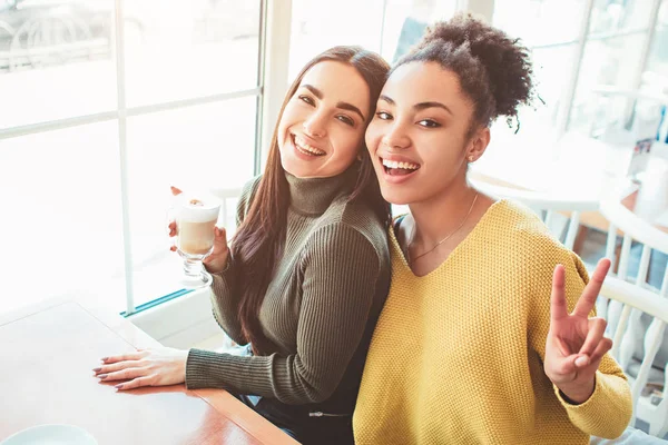 Dies ist ein Selfie von zwei wunderschönen Mädchen, die so toll und glücklich zugleich aussehen. Sie sitzen im Café und trinken einen Kaffee und genießen die gemeinsame Zeit. Nahaufnahme. Schnitt-Ansicht. — Stockfoto