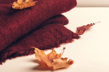 Folded burgundy knitted scarf on white background with autumn leaves. Warm clothing.