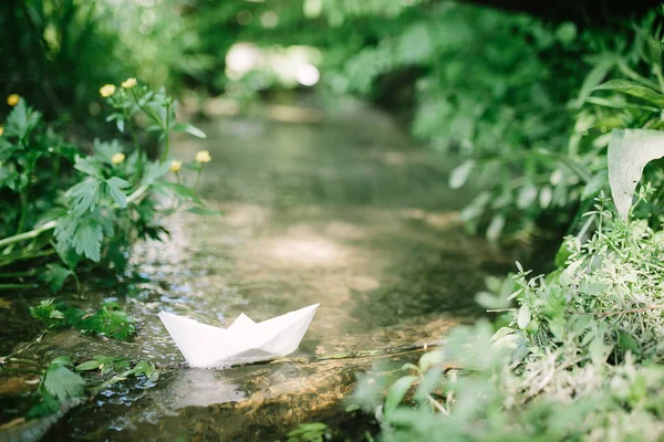 Papierschiff schwimmt auf Fluss — Stockfoto