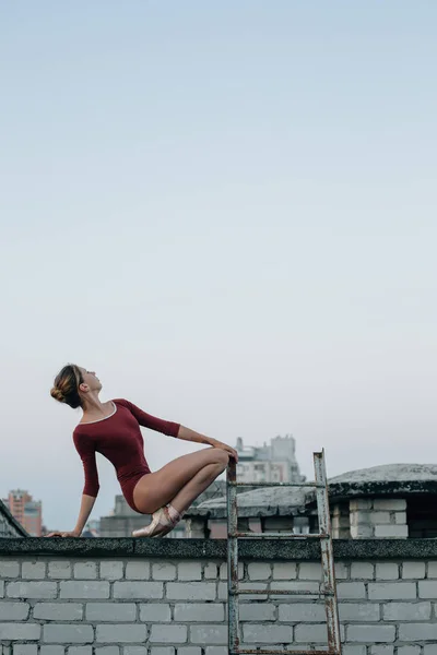 年轻优美的芭蕾舞女演员在城市建筑的屋顶上表演 梯子在附近 — 图库照片