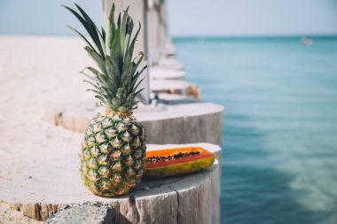  İskele, deniz, papaya ve ananas yakınındaki tropik meyveler yaz piknikte