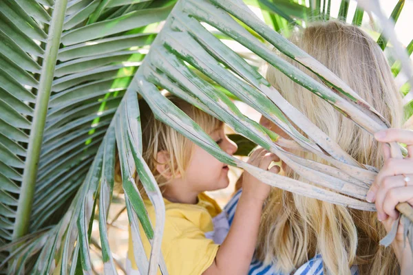 Feliz Bela Jovem Mãe Seu Adorável Filho Brincando Com Folhas — Fotografia de Stock